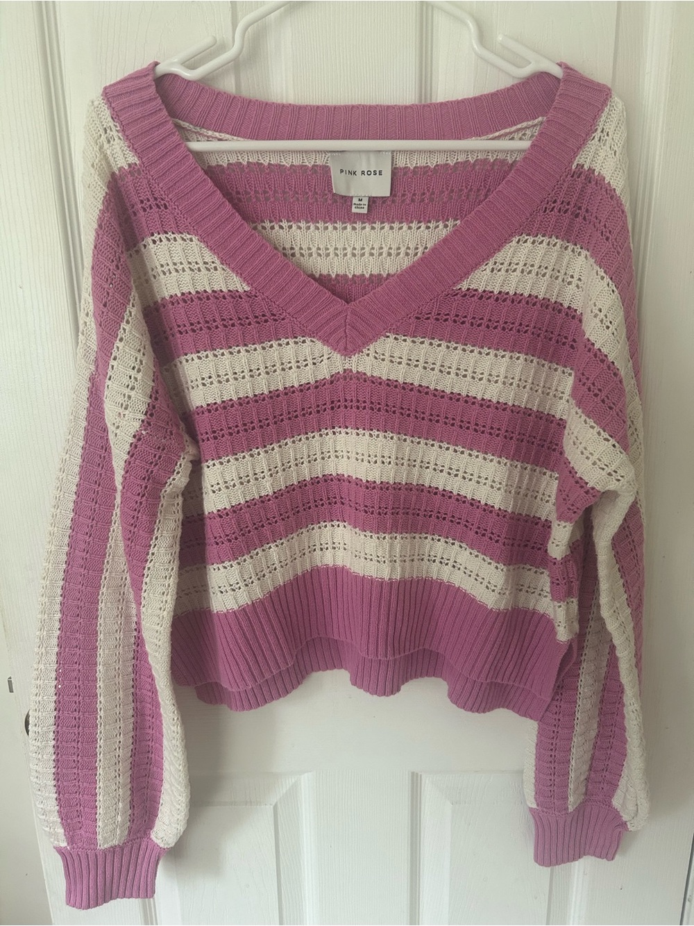 Pink Rose Pink & Cream Striped V-Neck Lightweight Sweater